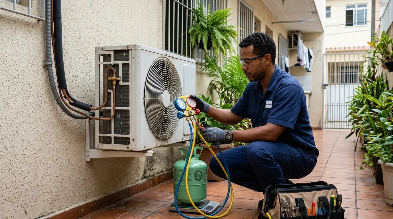 Técnico fazendo carga de gás na condensadora do ar-condicionado em Vila Velha‑ES