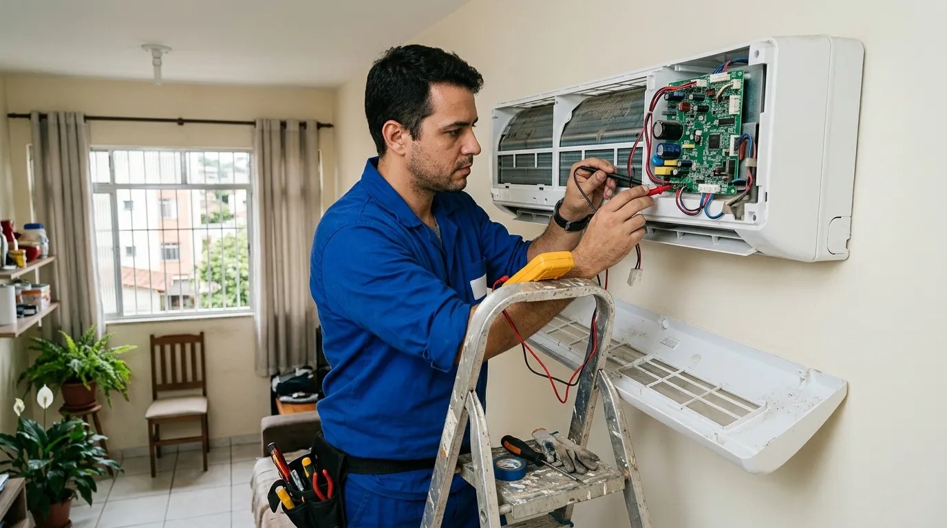 Técnico trocando a placa eletrônica de ar-condicionado split em Vila Velha‑ES