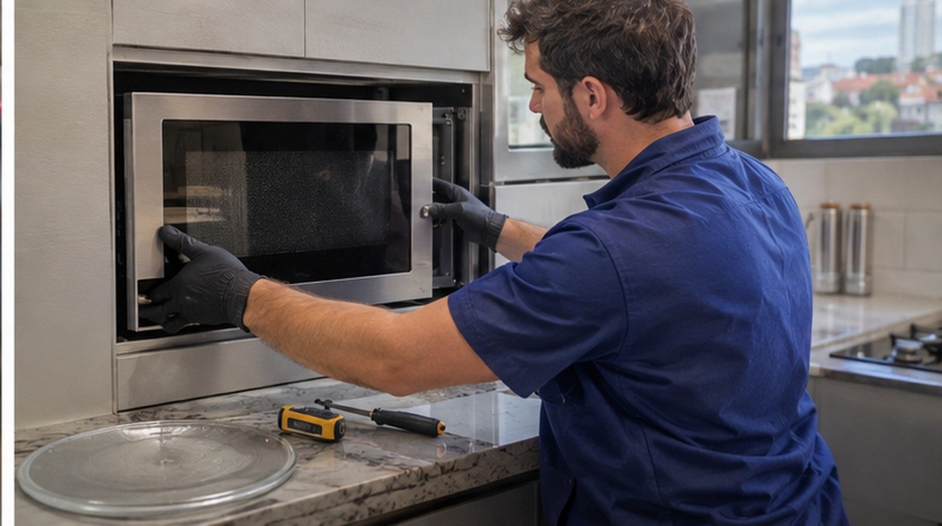 Conserto de micro-ondas de embutir em Vila Velha‑ES: técnico encaixando o aparelho no armário