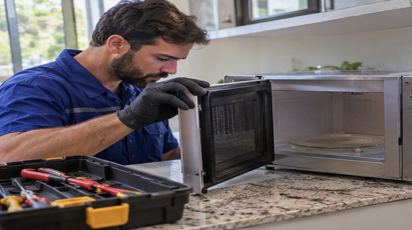 Conserto de micro-ondas em Vila Velha‑ES: técnico abrindo um micro-ondas de bancada