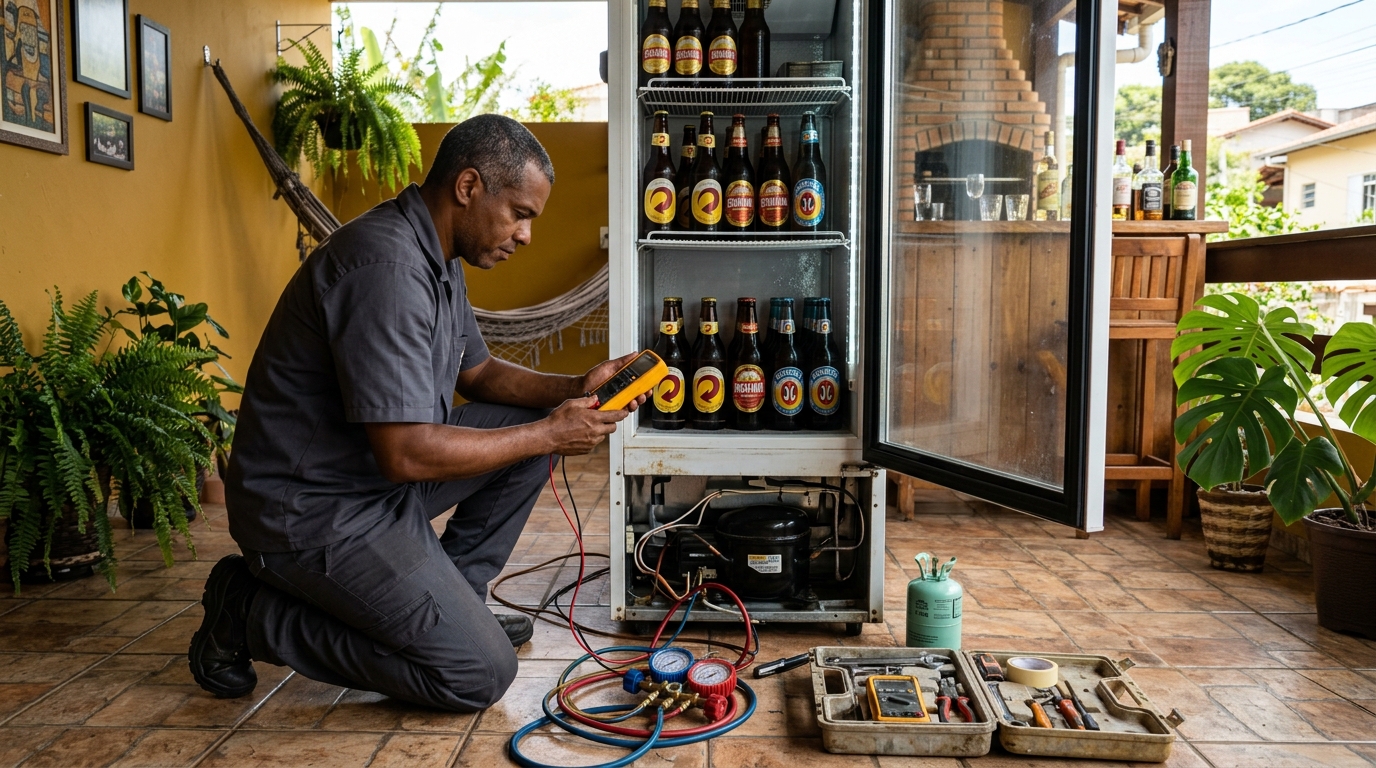 Placa eletrônica de cervejeira em reparo na bancada em Cavalieri, Vila Velha‑ES