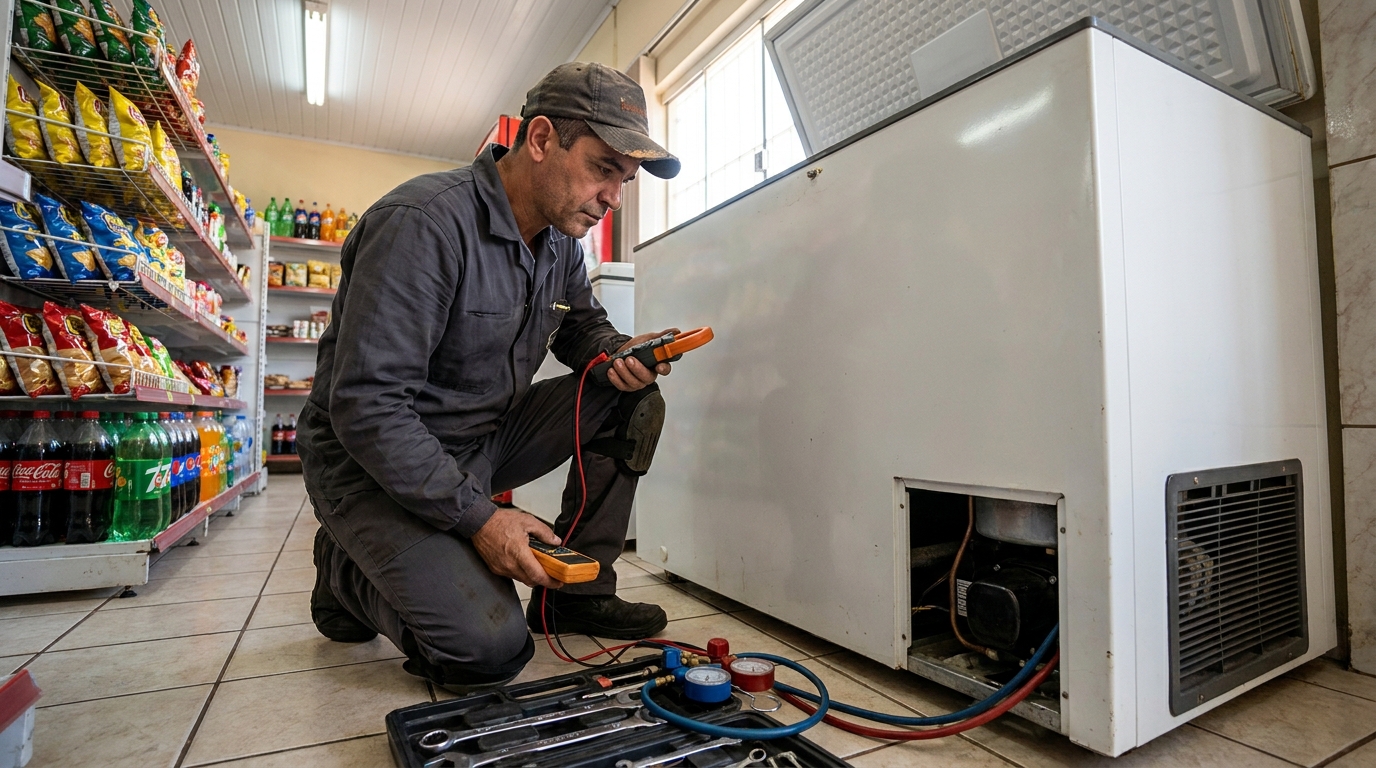 Reparo da placa eletrônica de um freezer em atendimento no Chácara do Conde, Vila Velha‑ES