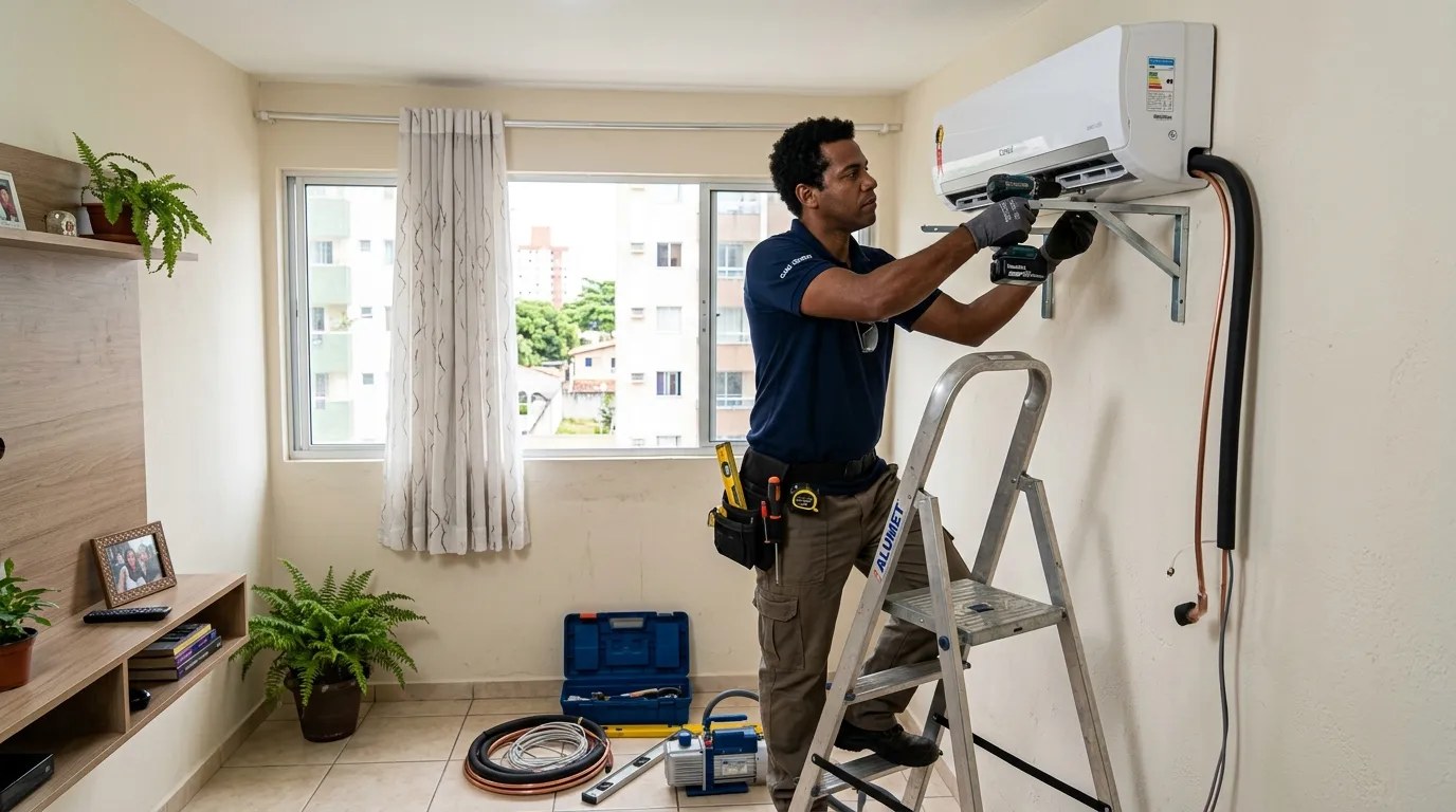 Técnico instalando ar-condicionado split em residência em Vila Velha‑ES