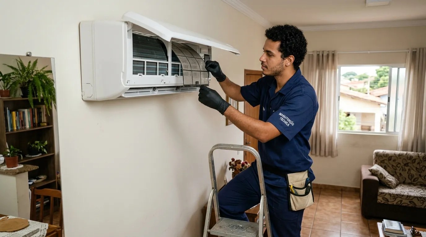 Técnico fazendo limpeza e higienização de ar-condicionado split em Vila Velha‑ES