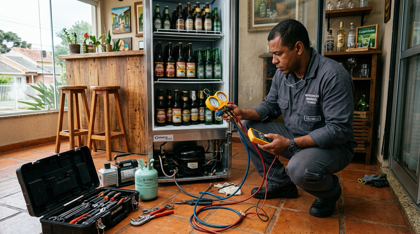 Técnico revisando o motor de uma cervejeira durante chamado em Cavalieri, Vila Velha‑ES