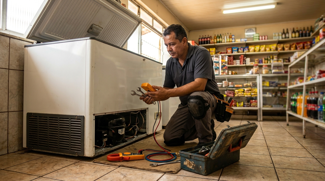 Técnico reparando o motor de um freezer horizontal no Chácara do Conde, Vila Velha‑ES