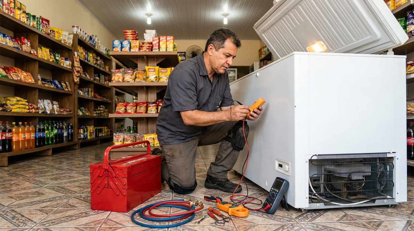 Manômetro conectado ao circuito durante recarga de gás de freezer no Chácara do Conde, Vila Velha‑ES