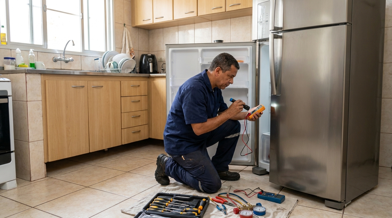 Técnico fazendo recarga de gás em geladeira de cliente em Boa Vista I, Vila Velha‑ES
