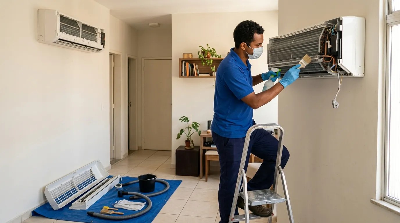 Técnico fazendo manutenção de ar-condicionado split em Vila Velha‑ES
