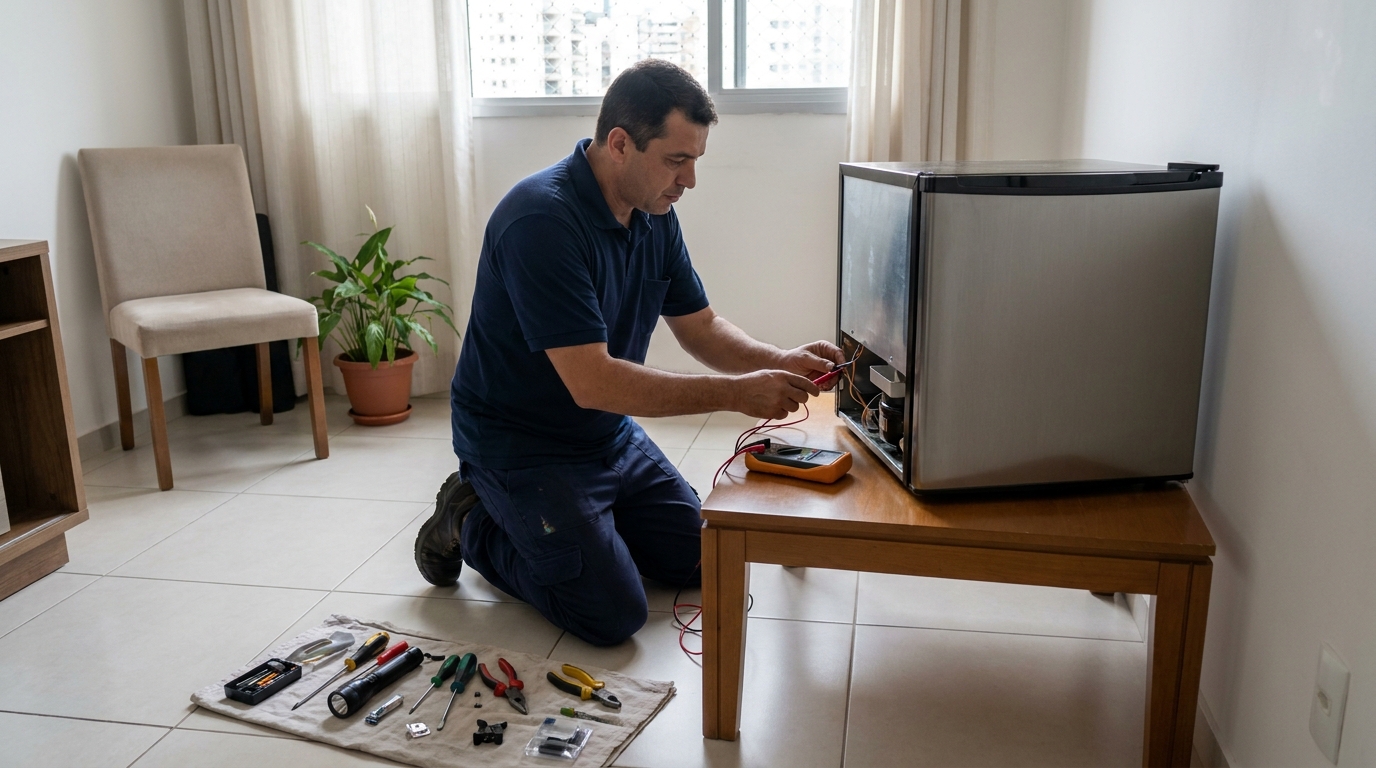 Técnico avaliando um frigobar compacto durante atendimento na Vila Nova, Vila Velha‑ES